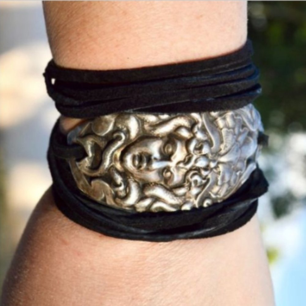 Antique Sterling Silver Medusa Demon Cuff Bracelet - Picture 1 of 6